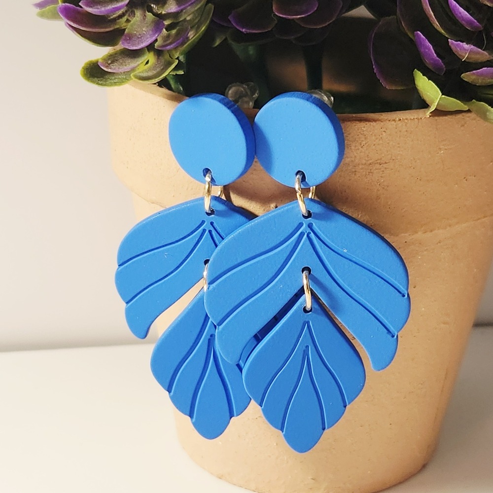 Blue Polymer Clay Leaf Dangle Statement Earrings Boho Botanical Lightweight